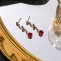 Vintage French style rose earrings in deep red finish with antique bronze metal base - Red Rose Earrings (E3076-1) / Gold/Red