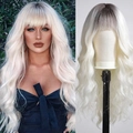 Ombre blonde long wavy synthetic wig with bangs shown on model and wig stand - Gradient Beige White