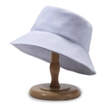 Classic white fisherman bucket hat with reinforced stitching on a wooden display stand - One Size / White
