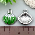 Silver scallop shell enamel pendant charm in green and white for DIY jewelry - 1Pc Green Ocean Shell