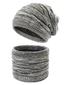 Detailed knit texture of the gray thick wool beanie and winter neck warmer set - Dark Grey and Light Grey