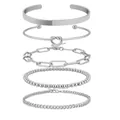 Five-piece silver minimalist bracelet set featuring cuban chain and paperclip link designs - Silver Set - Dual Bangles And Triple Chains