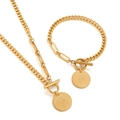 Golden Cuban and paperclip chain jewelry set with Elizabeth II coin pendant - Gold Queen Coin Set (KS140886-Z)