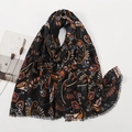 Écharpe vintage en coton et lin à imprimé paisley avec bords à franges sur fond blanc - 180x90cm / Base Noire Imprimé Paisley (1#)