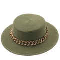 Cappello di paglia a testa piatta verde oliva con catena decorativa in oro rosa - M (56-58cm) / Stile Verde Oliva (03)