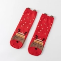Festive red Christmas socks for girls with cute reindeer pattern and plush 3D ears - Red Reindeer Heart with Brown 3D Ears