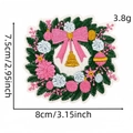 Pink Christmas wreath embroidery patch with festive bow and bell detail for iron-on use - 20# Wreath