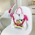 Detail of embroidered waterproof nylon bag with woven handles and cartoon illustration - M / White Cartoon Drum (No Strap)