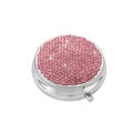 Portable round metal pill box with pink rhinestone lid and silver polished finish - Pink