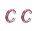 Silver C-shaped ear cuff featuring pave-set rose pink crystals for non-pierced ears - Silver - Red Zirconia