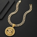 Detail of rotating gold dollar sign pendant with white rhinestones and cuban link chain - Necklace Set / 20 Inch Cuban Chain / Gold