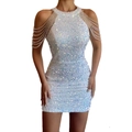 White sequined halter mini dress with off-shoulder fringe bead chains and slim fit cut - S / Dresses / White