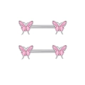 Pink glitter butterfly nipple rings with stainless steel barbells set in silver - Pink Butterfly Pair