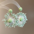 Detail of mint green tulle flower drop earrings with tassels on acrylic display - 38# Steel Earring Post-Light Green-Woven Fluffy Flower (HE24970)