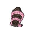 Enamel coffin pin with pink ribbon and Wish You Were Here text in gothic style - Black Coffin Ribbon (Wish You Were Here)