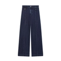 High waist dark blue wide leg denim jeans with decorative flap pockets and front seam - XS / Navy Blue