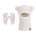Children's winter knit hat and gloves set in cream white with plush pom-poms - Dual-color Beige