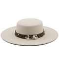 Elegant cream wool flat top wide brim hat with leopard print band and pearl accents - M (56-58cm) / Beige