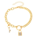 Gold chunky chain anklet with crystal padlock and key charms on white background - Gold Chunky Chain Lock & Key Bracelet/Anklet (KC Gold 11428 Bracelet)