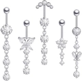 5-piece silver stainless steel navel ring set with butterfly and star cubic zirconia - Butterfly/Star/Multi-layer Dangle Styles / Silver