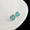 Mint green heart zirconia earrings with silver plating and white crystal halo - Peacock Green Zircon Heart