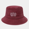 Detail of burgundy washed cotton bucket hat with white text embroidery on vintage fabric - M (56-58cm) / Burgundy
