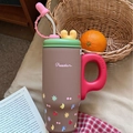 Brown floral stainless steel tumbler with straw and red handle featuring Freedom print - Coffee Fruit-Ceramic-800ML