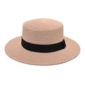 Detail of pink straw boater hat featuring fine weave texture and black grosgrain ribbon - M (56-58cm) / Light Pink