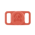 Detail view of coral red silicone AirTag holder for pet collars with embossed bone design - Orange