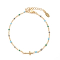 Dettaglio del bracciale a croce in acciaio inossidabile dorato con perline smaltate - Oro Perline Blu Grigio Verde