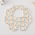 Floral and bear print cotton baby bib with petal shape design and snap closure - Gauze Flower Scarf - Blue Striped Bear