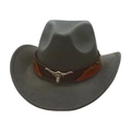 Classic dark grey western cowboy hat with decorative band and silver bull head emblem - Grey (With Bull Head)