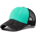 Distressed mesh trucker hat with mint green front and black washed denim brim - Adjustable / Cyan