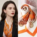 Elegant silk scarf featuring orange and white chain belt print in a vintage style - Orange Chain Scarf / 65