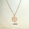 Golden Libra necklace with pink enamel zodiac pendant and tiny diamond accent - Libra