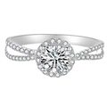 Silver round moissanite ring with halo setting and double cross paved band for women - Lightyear Women's Ring 1 Carat Ljz-10 / Adjustable Open
