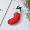 Handcrafted red and white wool felt Christmas stocking ornament with gold snowflake embroidery - Red Sock / 7x9.5cm / Red
