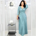 Robe longue plissée bleu clair à effet métallisé, col en V et ceinture assortie - 3XL / Bleu ciel