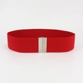 Detail view of the red elastic waist belt with a polished silver rectangular metal buckle - Silver Red