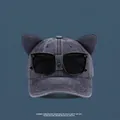 Detail of grey washed denim baseball cap with cat ears and integrated black sunglasses - Adult M (56-58cm) / Cat Ears Goggles Style / Navy Blue