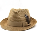 Cappello fedora in paglia retrò con nastro marrone e piume per protezione solare esterna - M(56-58cm) / Marrone Chiaro (01)