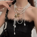Vintage layered pearl necklace with gold angel pendant and tassel fringe for women - Angel Relief Multilayer Tassel Necklace / Gold
