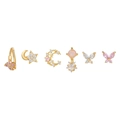 Set of six gold butterfly and pink flower zircon stud earrings for women with star moon - TZ00121 Gold - Star Moon Butterfly Pink Diamond 6-Piece Set