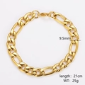 Detail of 9.5mm gold Figaro link bracelet showing 21cm length and weight specifications - Gold (9.5mm)