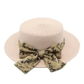 Flat top straw sun hat with olive green floral ribbon bow for summer beach vacation - Pink / M (56-58cm)