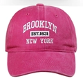 Detail of Brooklyn embroidery on vintage dark pink washed cotton baseball cap - Rose Red