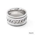 Silver color wide stainless steel ring with double-row diamonds and chain textures - US 7 / Silver (PBJ279)