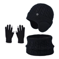 Kids black 3-piece winter set with cable knit fleece hat, neck warmer, and touch gloves - 3-Piece Set - Solid Black