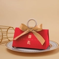 Elegant red wedding favor box with wooden ring handle and gold bow decoration - Small(No Wood Ring) / Red Wedding+Champagne Gold Ribbon