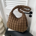 Dark brown quilted puffer shoulder bag featuring padded rhombus texture and wide strap - Brown